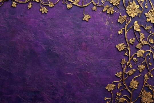 Ornate golden floral flourishes entwine across a rich violet background, creating a luxurious, vintage-inspired texture.