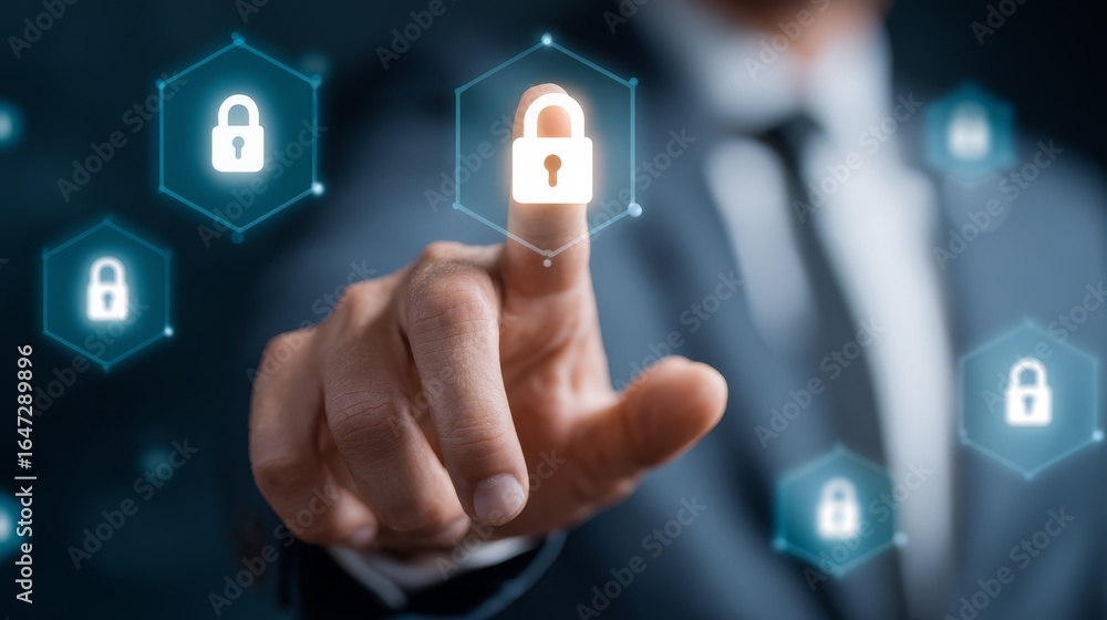 Poster male professional in business attire unlocks a digital padlock on an interactive touch screen symbol