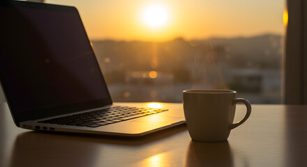 Laptop and Hot Drink at Sunset Golden Hour