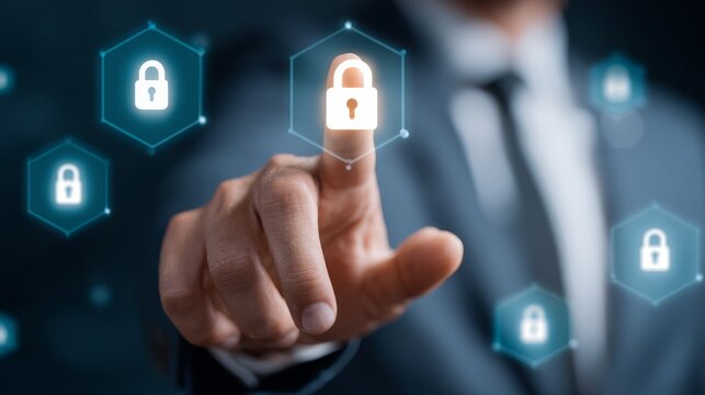 Male professional in business attire unlocks a digital padlock on an interactive touch screen symbolizing cybersecurity network protection and secure data access in a corporate environment. - Powered by Adobe