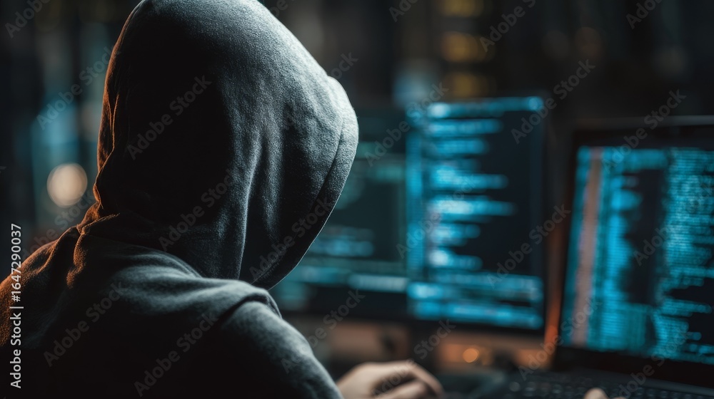 Poster a focused programmer wearing a dark hoodie is deep in concentration coding on a laptop in a dimly li