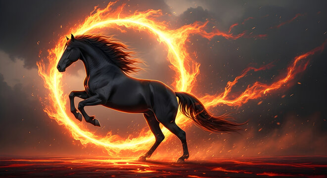 Powerful black horse is rearing up inside a vibrant circle of flames, set against backdrop of dark clouds and glowing embers, representing strength and renewal for the year 2026	