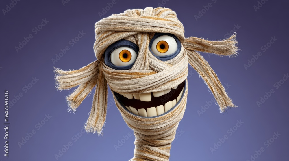 Poster cartoon character with a face made of string and a smile. the character is happy and he is a monster