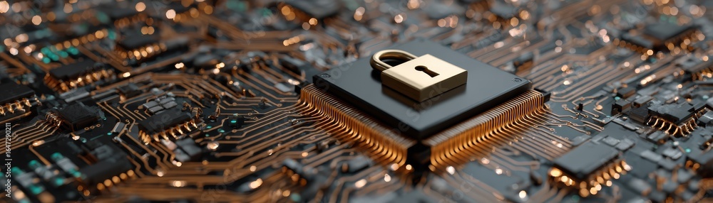 Poster conceptual illustration of a strong metallic padlock firmly secured on a complex digital circuit boa