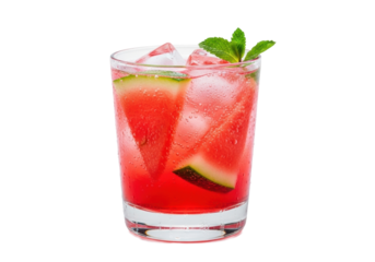 Close-up of vibrant red watermelon agua fresca in a clear glass with ice, frosted condensation, mint sprig, and thin slices, against a soft gradient studio background. Refreshing drink concept