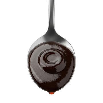 Polished silver stainless steel tablespoon holding heaped dark brown, viscous, glossy oyster sauce with subtle ripple on clean transparent studio background. Concept of culinary precision and