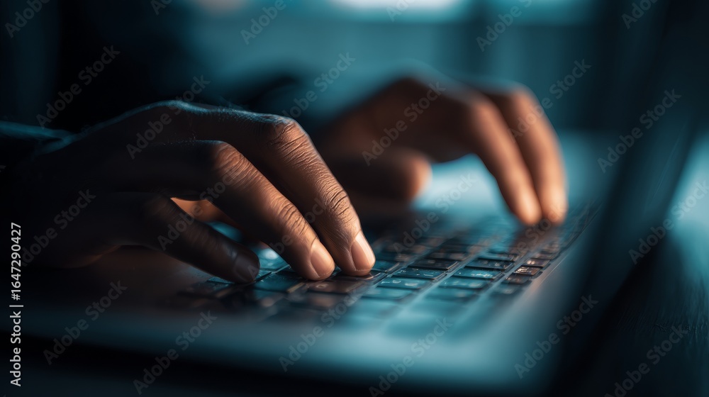 Poster detailed close up shot of anonymous hands typing rapidly on a contemporary laptop keyboard illustrat