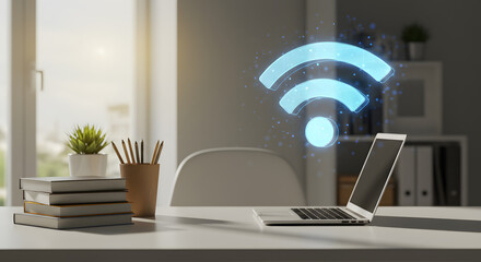 Bright Laptop with Glowing Blue Wifi Symbol on White Desk