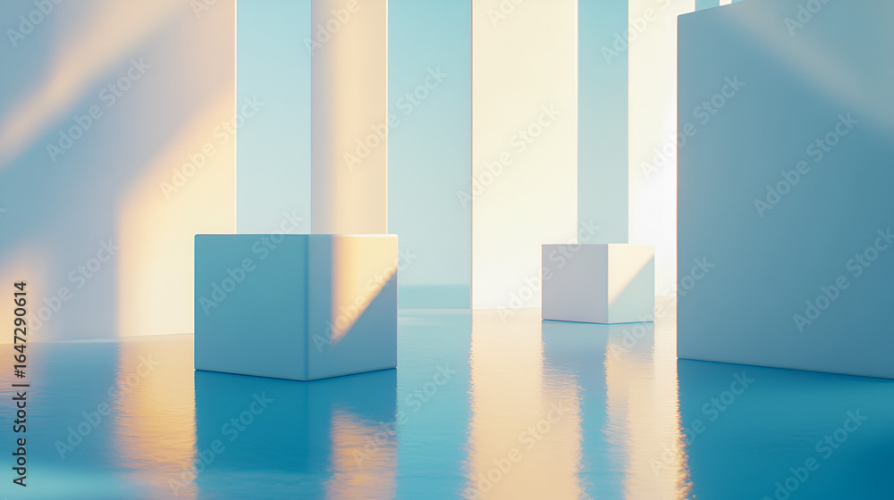 Poster Geometric shapes and soft light create an abstract architectural scene with a serene and minimalist atmosphere, evoking a sense of calm and spaciousness.