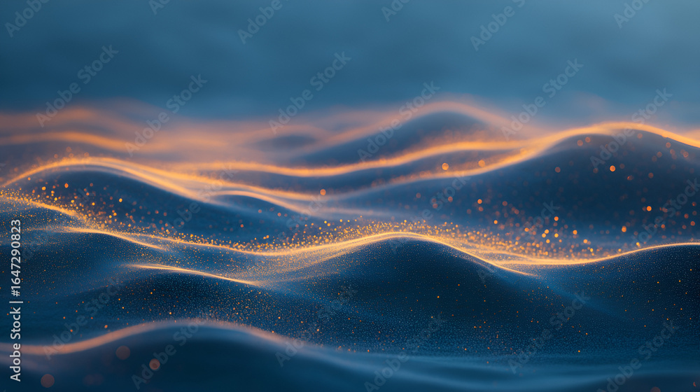 Poster an abstract landscape of undulating blue surfaces is illuminated with shimmering golden light and sp
