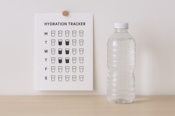 Hydration tracker chart and water bottle on wooden surface