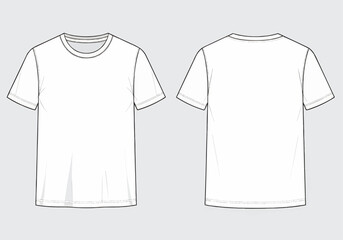 Front and back view technical drawing of a plain white t-shirt.
