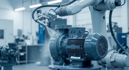 Robotic arm applying coating to industrial electric motor in a factory