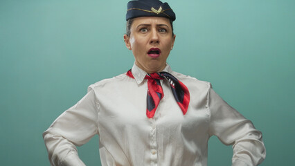 Woman hostess in flight attendant uniform stands with hands on hips and purses lips in green...