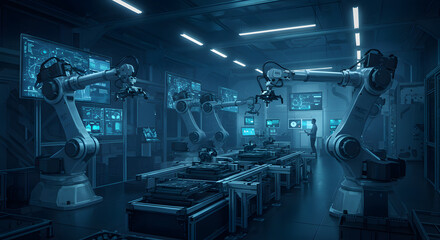 Robotic Arms Working on Production Line in Futuristic Blue Factory