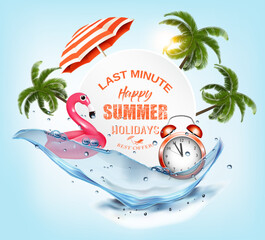 Vacation Last Minute. Summer vacation background. with Travel items, flamingo and palm trees on the water splash. Vector.