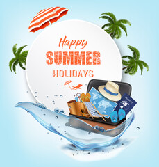 Summer vacation holiday background. with Travel items and palm trees on the water splash. Vector.