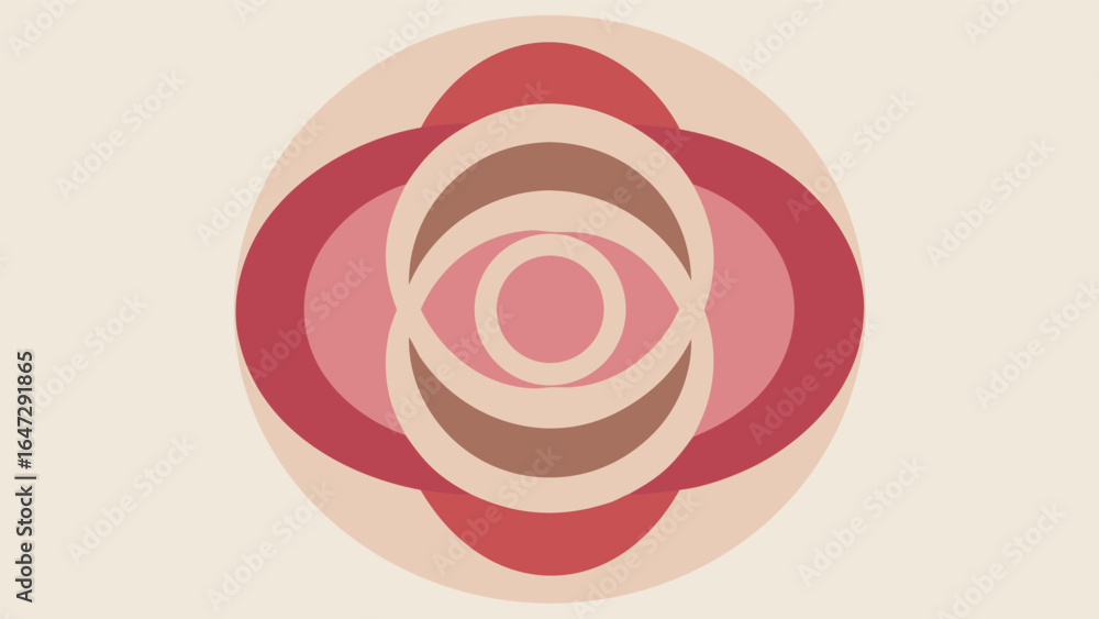 Poster abstract circular design with overlapping petal shapes in muted red and brown tones background beige