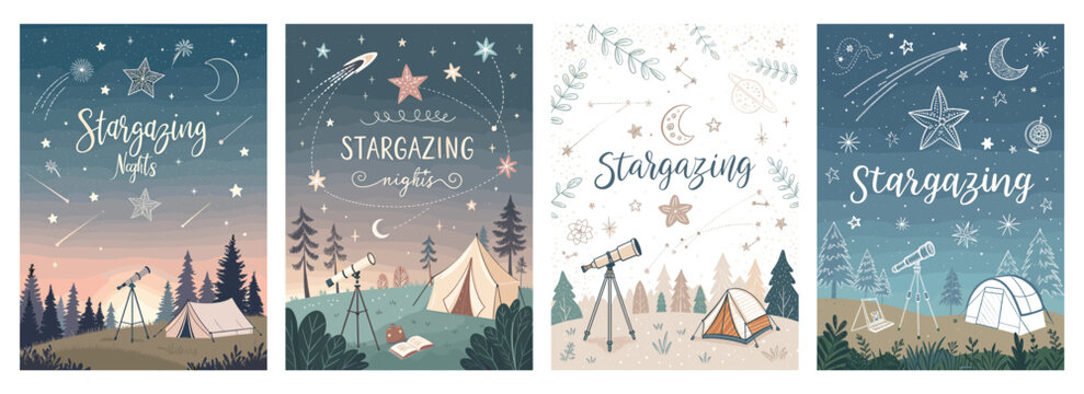 Illustration of four stargazing-themed designs featuring tents and telescopes in a serene night setting.