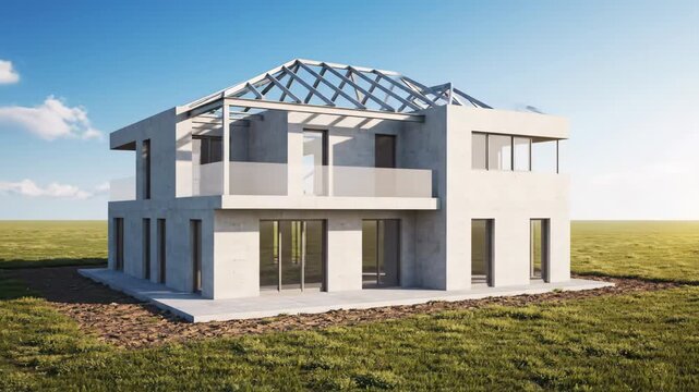 Modern Concrete House Construction Visualization - A 3D video showcases a contemporary two-story concrete house under construction, situated in a serene grassy field under a bright, sunny sky.