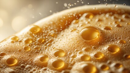 Close-up of a frothy beverage with bubbles and foam, highlighting the texture and golden color.