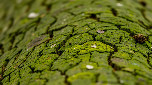 dettagli macro della corteccia ruvida e marrone di un grande albero di abete con qualche piccola macchia di muschio verde