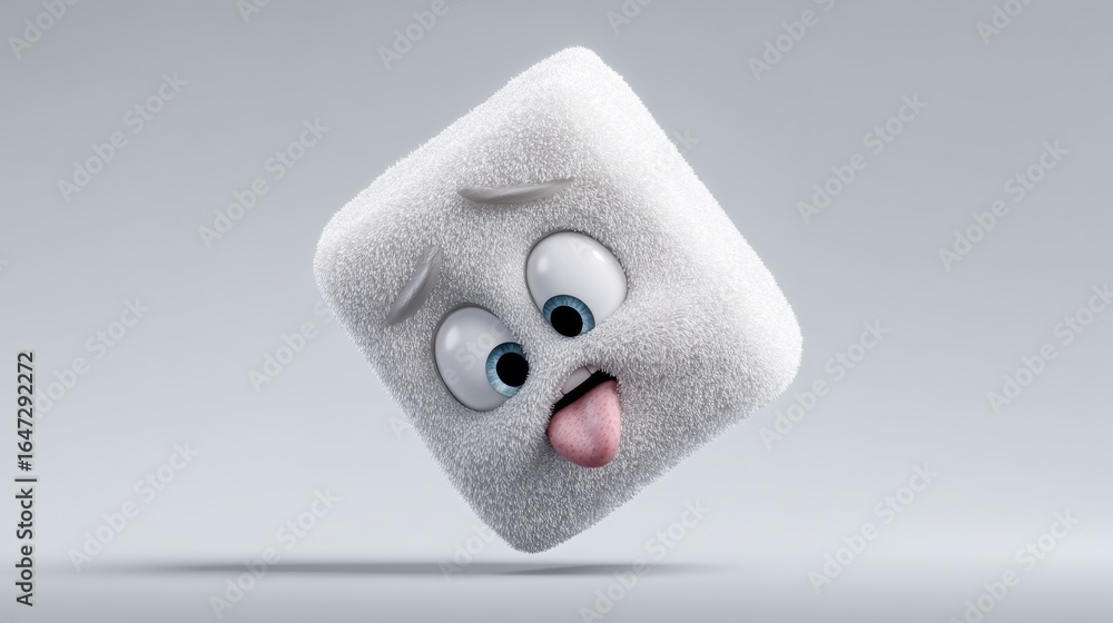 Aufkleber white cube with a tongue sticking out and eyes looking down. the cube is fuzzy and has a sad express