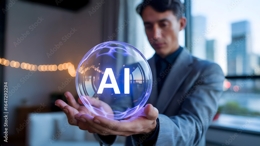 Aufkleber man in suit holding ai orb in hands with city background and lights creating a futuristic scene
