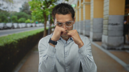 Young hispanic man in glasses practicing boxing stance on urban street, wearing casual shirt, with trees and cars lining the road, conveying focus and determination.