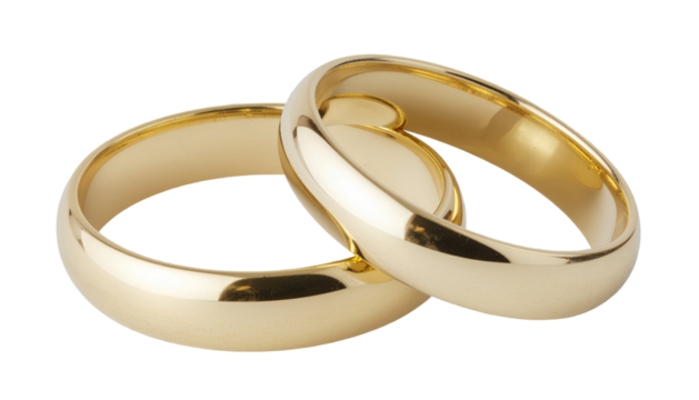 Two intertwined shiny gold wedding bands for marriage, love, and commitment concept isolated on white background