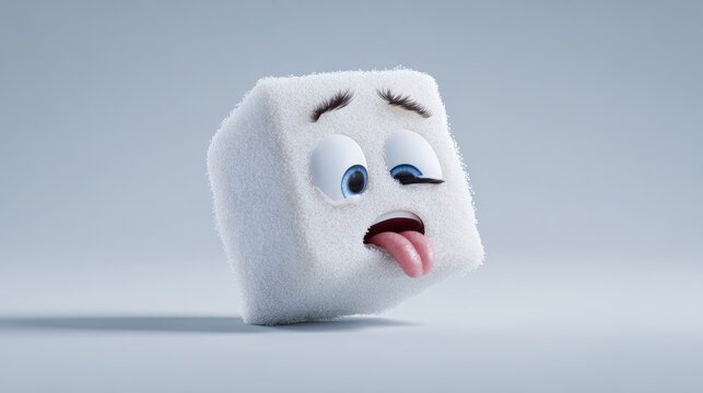 White sugar cube with a tongue sticking out, giving it a sad and comical appearance. The tongue is sticking out of the cube, almost as if it's trying to express its emotions