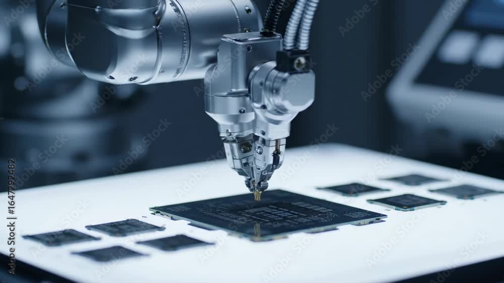 Poster robotic arm assembling microchip - a close-up shot of a robotic arm with incredible precision assemb