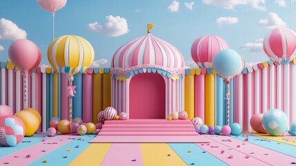 Fototapeta premium Colorful Carnival Backdrop with Balloon Arches Candy Themed Decor and Whimsical Spheres