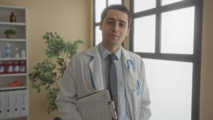 Fototapeta premium Young hispanic doctor man in clinic uniform with stethoscope and clipboard stands indoors at workplace in hospital room confidently reflecting professionalism and dedication.