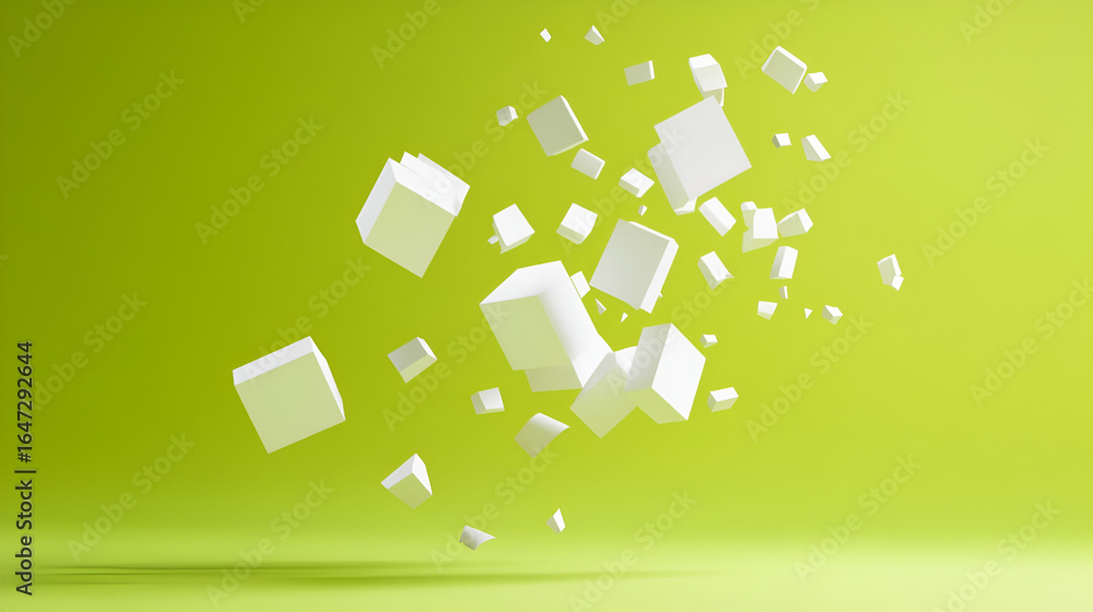 Poster a dynamic array of geometric cubes floats in a vibrant, abstract composition, suggesting concepts of