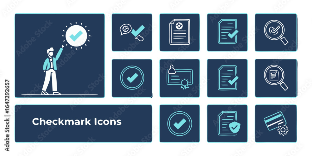 Poster checkmark icon. check box icon with correct, accept checkmark icons tick box checked. web and applic