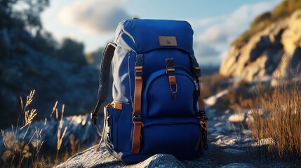 A blue hiking backpack sits on a rocky path with mountains and sky in the background outdoors on a sunny day