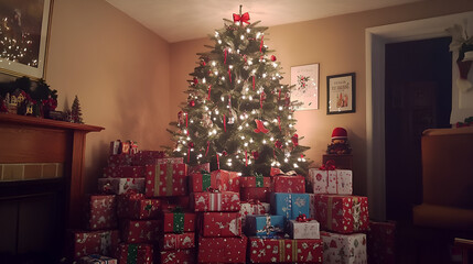 A festive Christmas tree stands adorned with lights and ornaments, surrounded by a generous collection of beautifully wrapped gifts, creating a warm and joyful holiday scene.