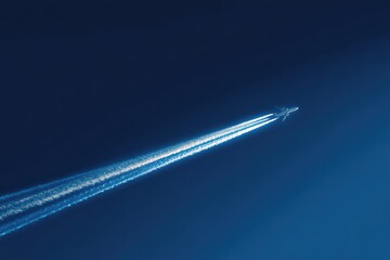 Jet Light Trails. Blue Jet Plane High in the Sky with Stunning Contrails
