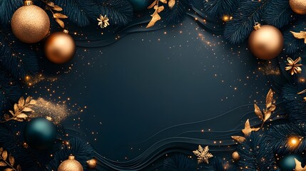 Fototapeta premium Elegant Christmas with Golden Ornaments and Glowing Lights on Dark Evergreen Branches
