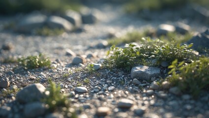 Close-up of rocky ground with small green plants and scattered stones, featuring natural outdoor scenery.