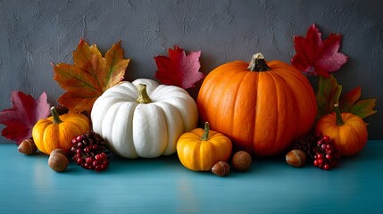 Table is covered with a variety of fall fruits and vegetables, including pumpkins, apples, and nuts. The table is decorated with a blue background, and the arrangement of the items creates a warm