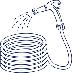 A blue garden hose with a sprinkler head is isolated on a white background