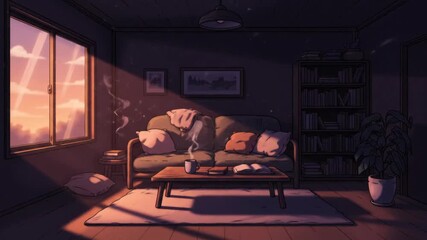 Cozy Sunset Living Room - Animated Background - A charming animated illustration of a cozy living room at sunset.