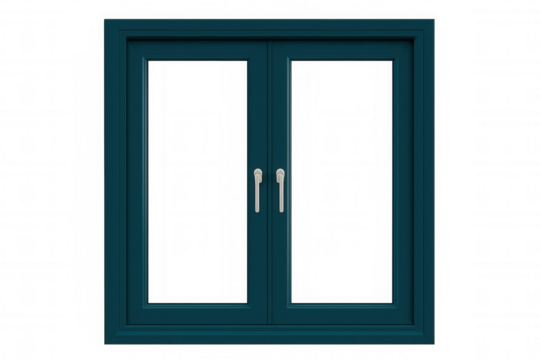 Teal window frame with two handles and transparent background, ideal for architectural visualization or interior design projects