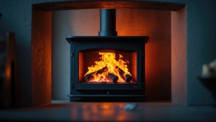 Fototapeta premium A cozy fireplace with a lit fire burning inside, set within a fireplace hearth. Warm ambiance and heating element. The image of a fireplace.