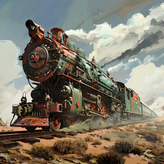 Obraz premium A stylized illustration of a steam train traveling through an open landscape under dramatic skies, symbolizing journey, progress, and adventure for cinematic and storytelling videos.