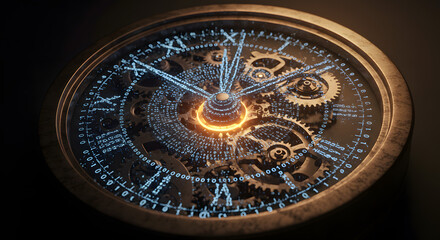 Intricate Clockwork Timepiece with Digital Binary Overlay on Transparent Background