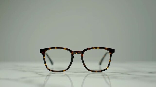 Eyeglasses with tortoiseshell pattern on white surface  