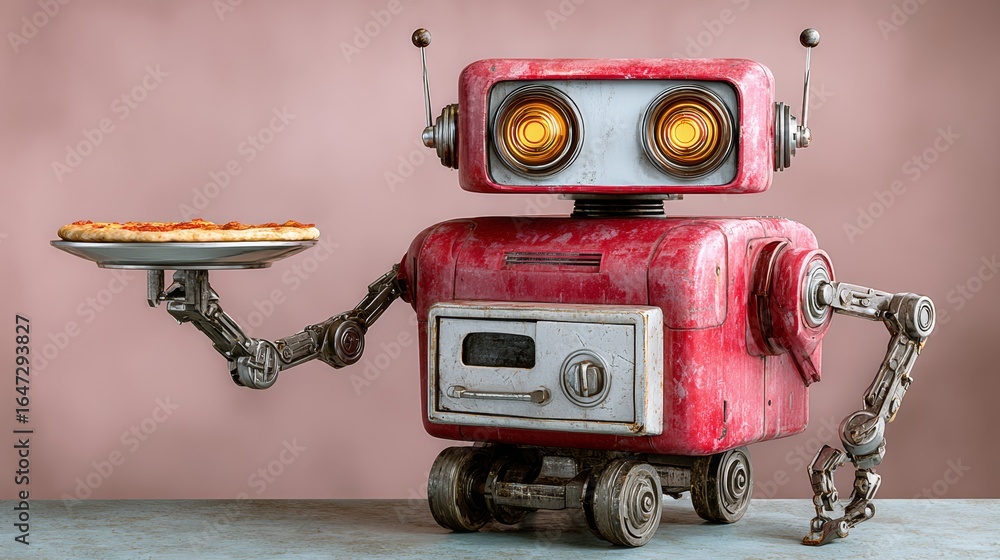 Poster robot is holding a pizza on a silver tray. the robot is red and has a metallic appearance. the pizza
